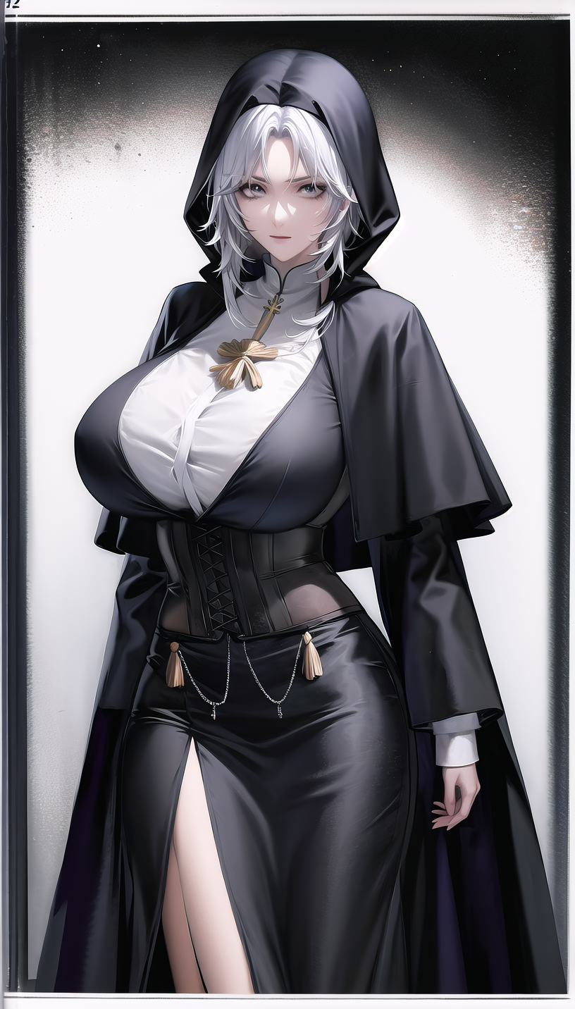 121158-884267353-white hair,_(cassock_1.28),_lady,mature female, cowboy shot,_(white background,simple background_1.18),_highres,official art,ori.png